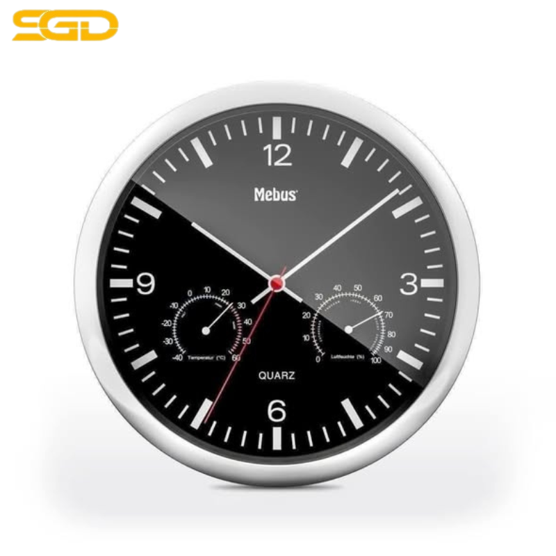 Đồng Hồ MEBUS 25cm Đen/Trắng Có Kim Đo Nhiệt Độ Và Độ Ẩm