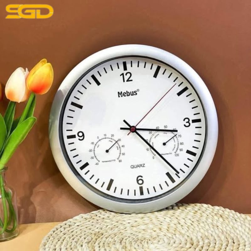 Đồng Hồ MEBUS 25cm Đen/Trắng Có Kim Đo Nhiệt Độ Và Độ Ẩm - Ảnh 2