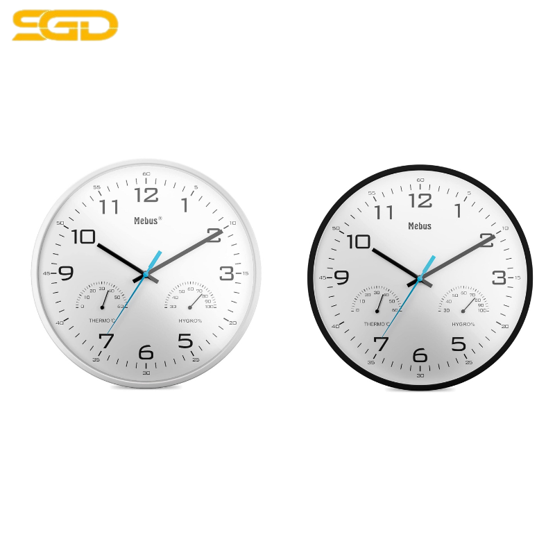 Đồng Hồ MEBUS 30cm Đen/Trắng Có Kim Đo Nhiệt Độ Và Độ Ẩm
