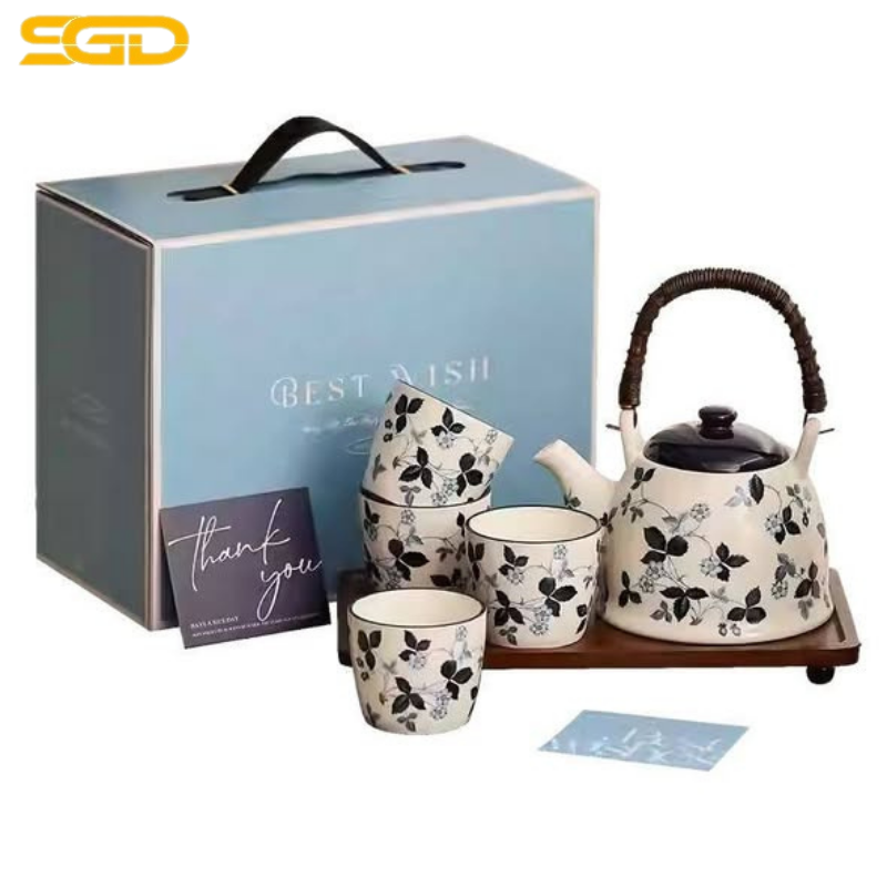 Bộ ấm trà 1,2L + 4 cốc 280ml kèm khay gỗ 35cm thiết kế sang trọng