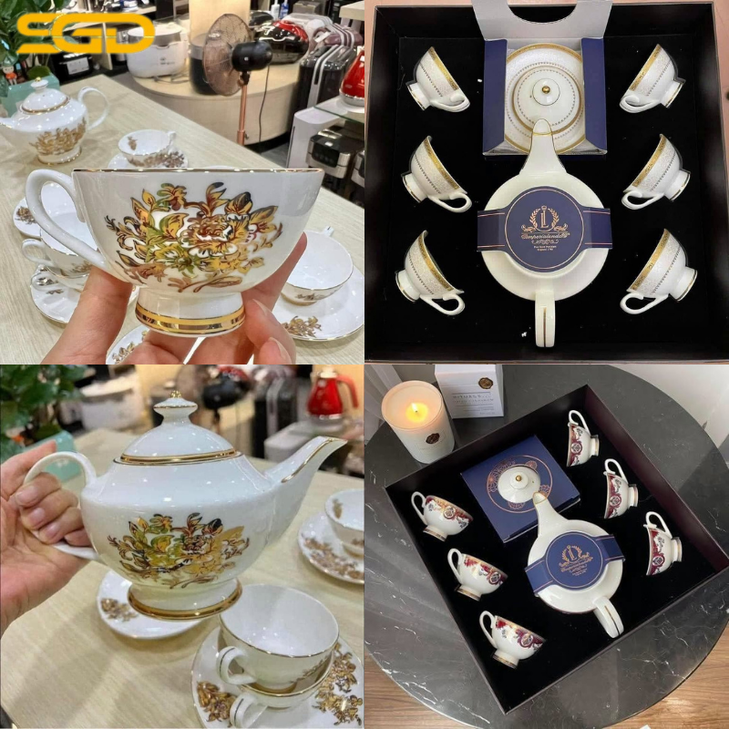 Bộ trà Imperial thiết kế đậm nét Châu Âu hoa văn tinh xảo viền vàng hoa đỏ và hoa vàng - Ảnh 4