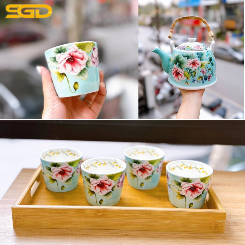 Bộ ấm trà họa tiết hoa mùa xuân Garden sứ cao cấp phong cách Châu Âu - Ảnh 2