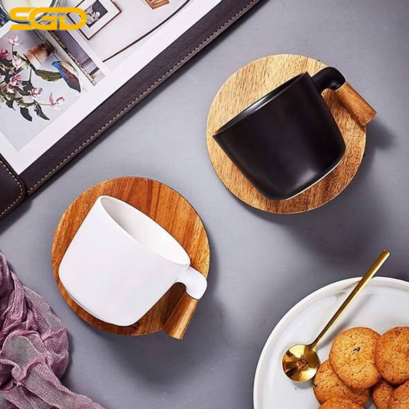 Bộ ấm trà sứ quai gỗ cao cấp 2 màu đen và trắng thiết kế hiện đại - Ảnh 3