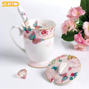 Cốc trà sứ xương Châu Âu Floris viền xanh và viền hồng kèm nắp, thìa sang trọng