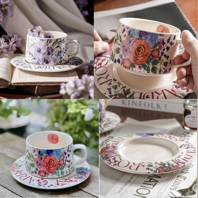 Set tách trà và đĩa lót tách trà, cà phê sứ cao cấp họa tiết hoa nghệ thuật - Ảnh 2