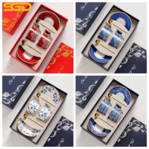 Set 2 tách 2 đĩa trà chiều kèm thìa vàng UK Tempi sứ cao cấp sang trọng