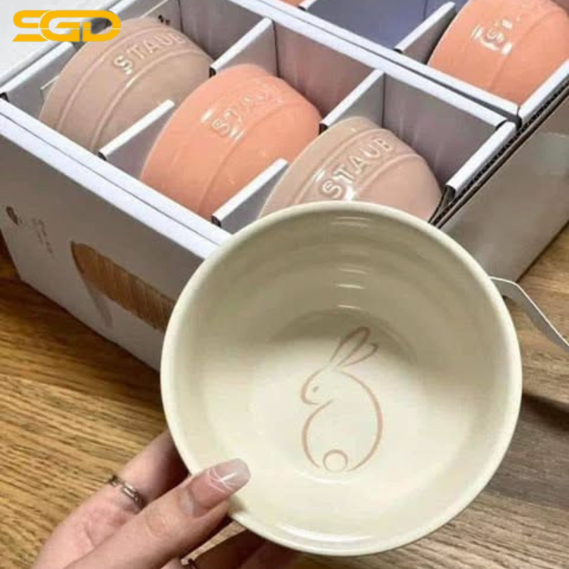 Set 6 bát Staub ăn cơm thỏ hồng gốm sứ Ceramic cao cấp chính hãng - Ảnh 2