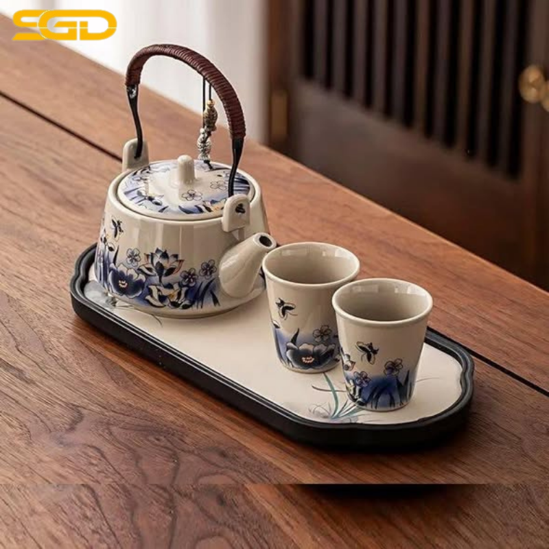 Set ấm chén kèm khay hoa văn chim lá cành sứ cao cấp sang trọng - Ảnh 2