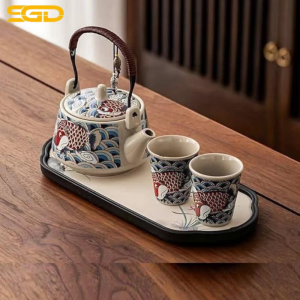 Set ấm chén kèm khay hoa văn chim lá cành sứ cao cấp sang trọng
