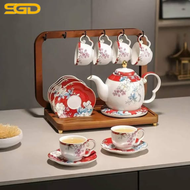 Set ấm trà, ly tách, đĩa và kệ gỗ thiết kế sang trọng quà tặng tân gia cao cấp - Ảnh 2