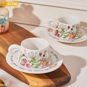 Set tách trà và đĩa lót trà, cà phê hoa mùa xuân sứ cao cấp phong cách châu Âu